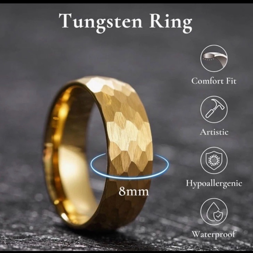 Hammered Gold Tungsten Ring 8mm